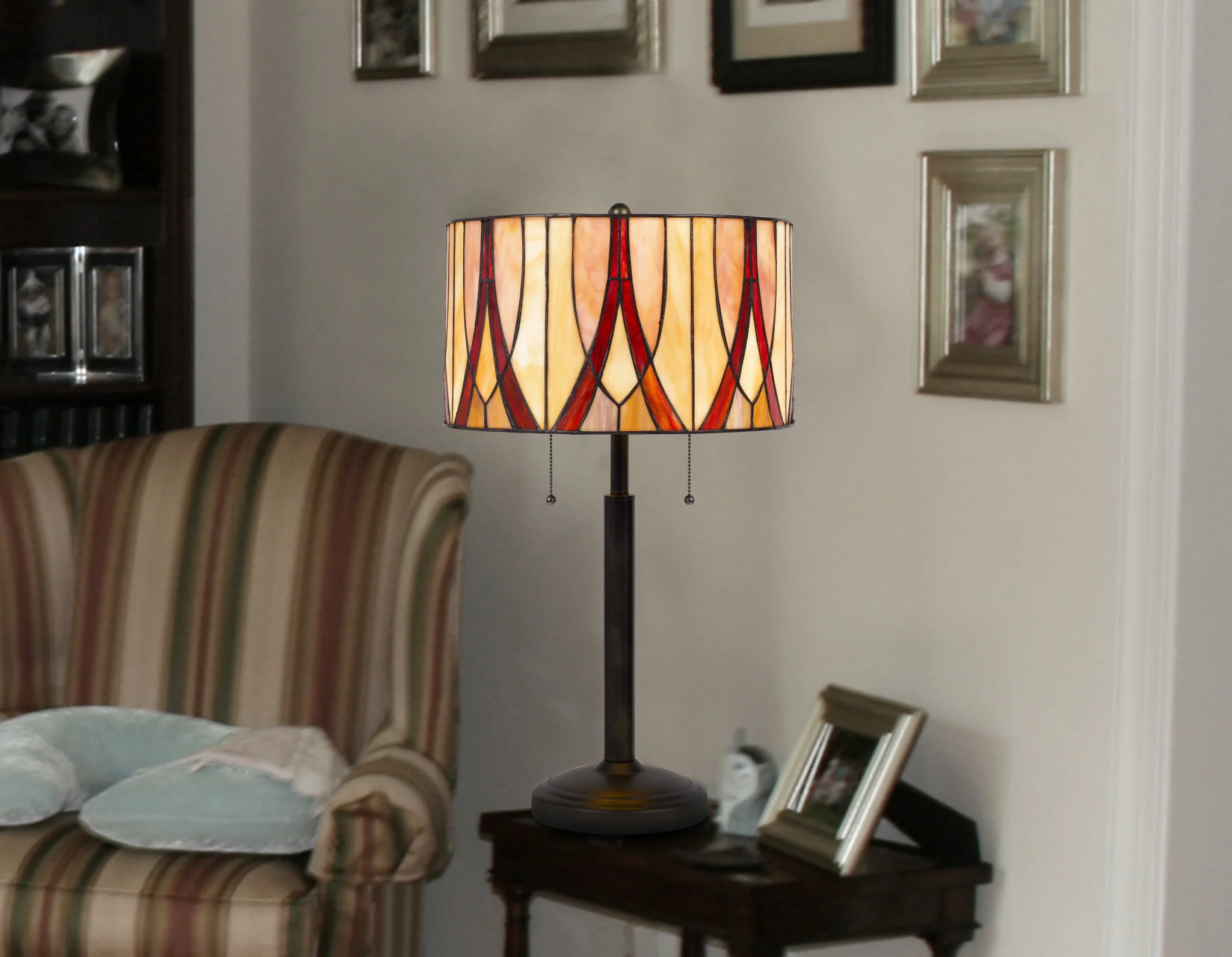 Bronze Metal Two Light Table Lamp With Red And Ivory Drum Shade By Homeroots - Image 3