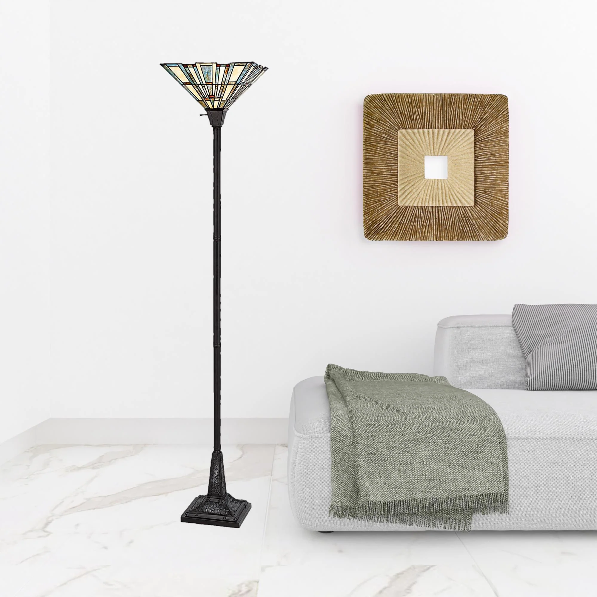 Bronze Torchiere Floor Lamp With Gray and Ivory Abstract Tiffany Glass Novelty Shade By Homeroots - Image 2
