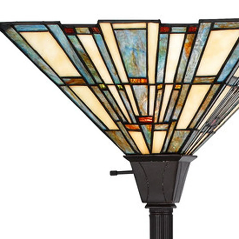 Bronze Torchiere Floor Lamp With Gray and Ivory Abstract Tiffany Glass Novelty Shade By Homeroots - Image 3