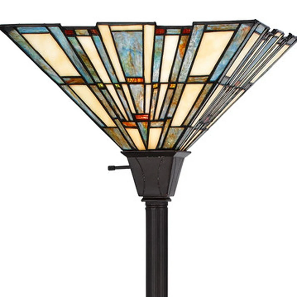 Bronze Torchiere Floor Lamp With Gray and Ivory Abstract Tiffany Glass Novelty Shade By Homeroots - Image 4