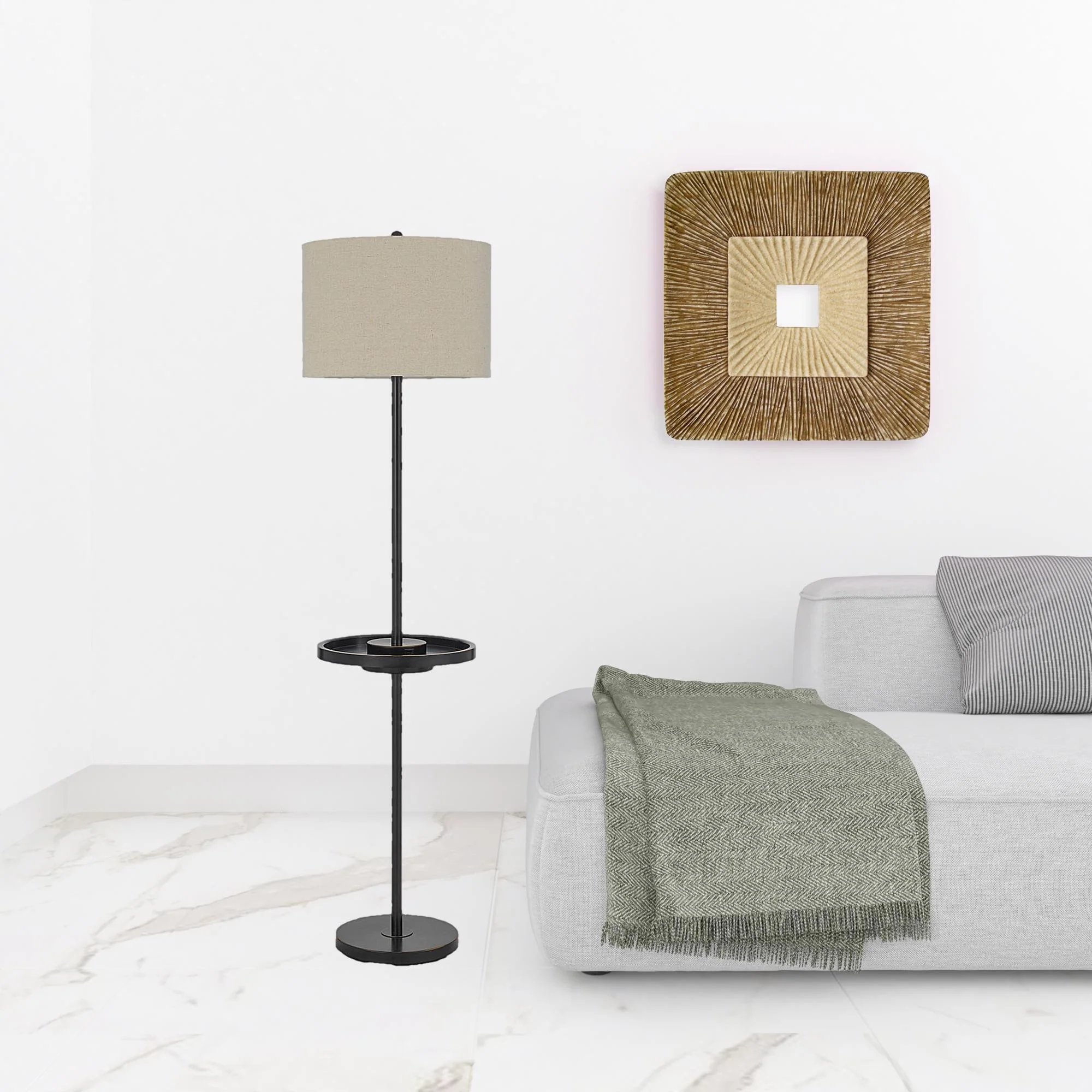 Bronze Tray Table Floor Lamp With Beige Drum Shade By Homeroots - Image 2