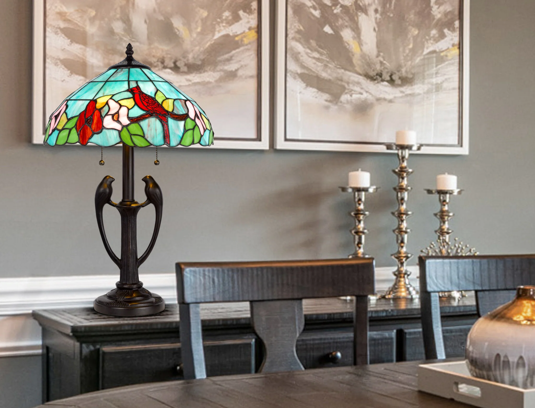 Bronze Two Light Tiffany Table Lamp With Aqua and Red Floral Shade By Homeroots - Image 2