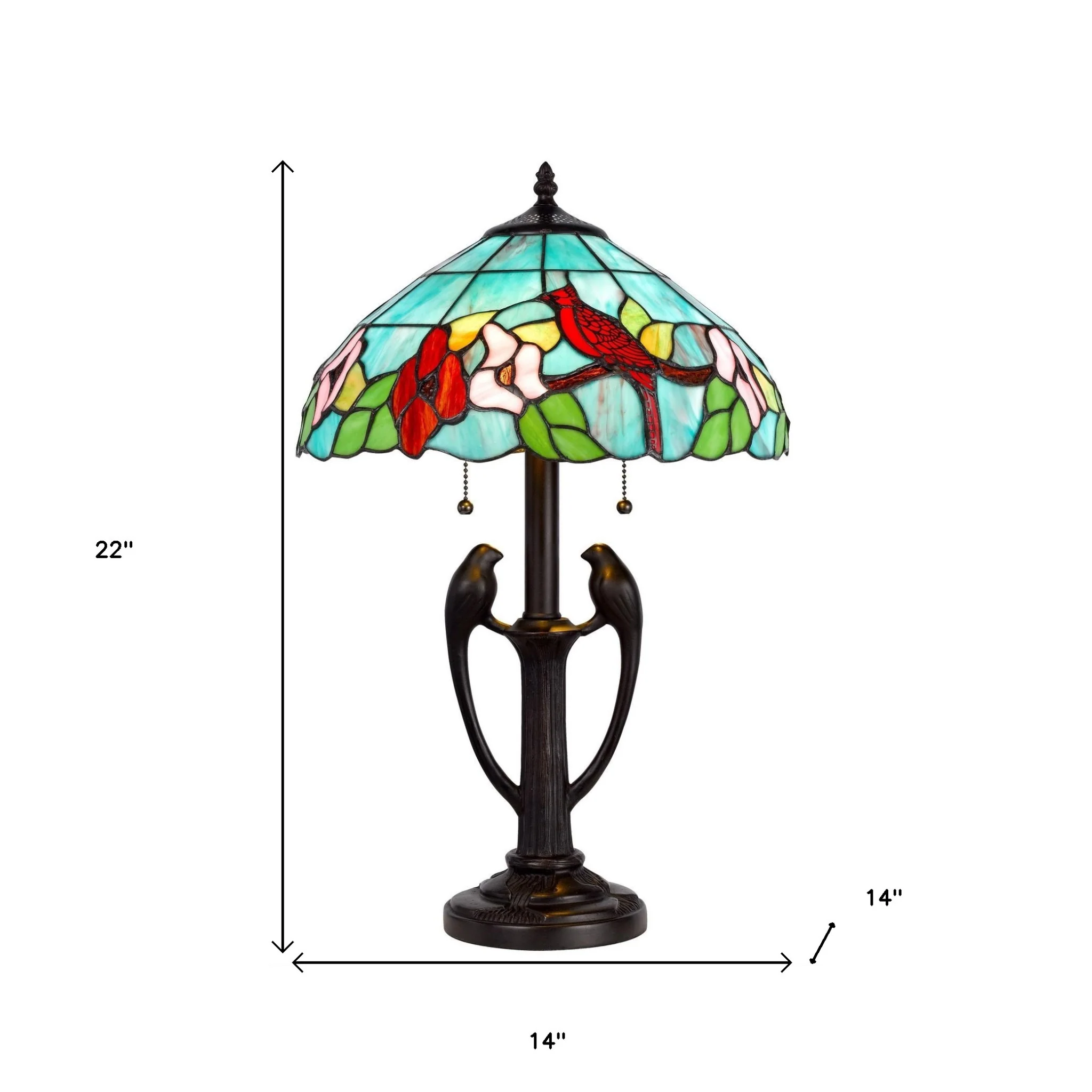 Bronze Two Light Tiffany Table Lamp With Aqua and Red Floral Shade By Homeroots - Image 4