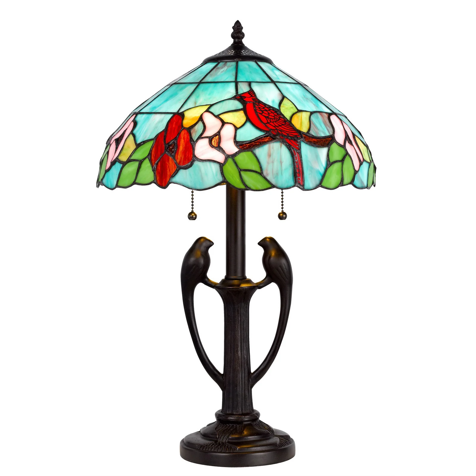 Bronze Two Light Tiffany Table Lamp With Aqua and Red Floral Shade By Homeroots - Image 5
