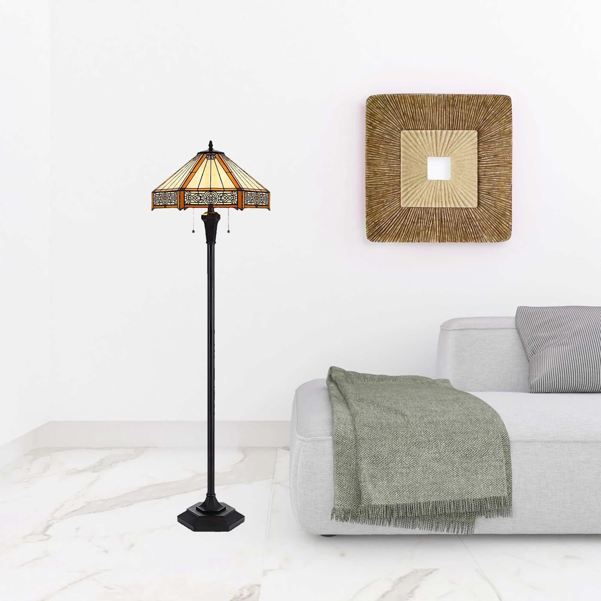 Bronze Two Light Traditional Shaped Floor Lamp With Orange and Ivory Abstract Tiffany Glass Empire Shade By Homeroots - Image 2