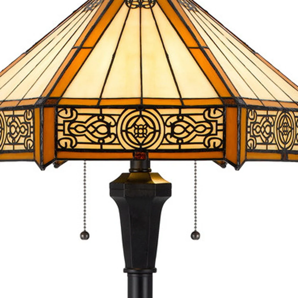 Bronze Two Light Traditional Shaped Floor Lamp With Orange and Ivory Abstract Tiffany Glass Empire Shade By Homeroots - Image 3