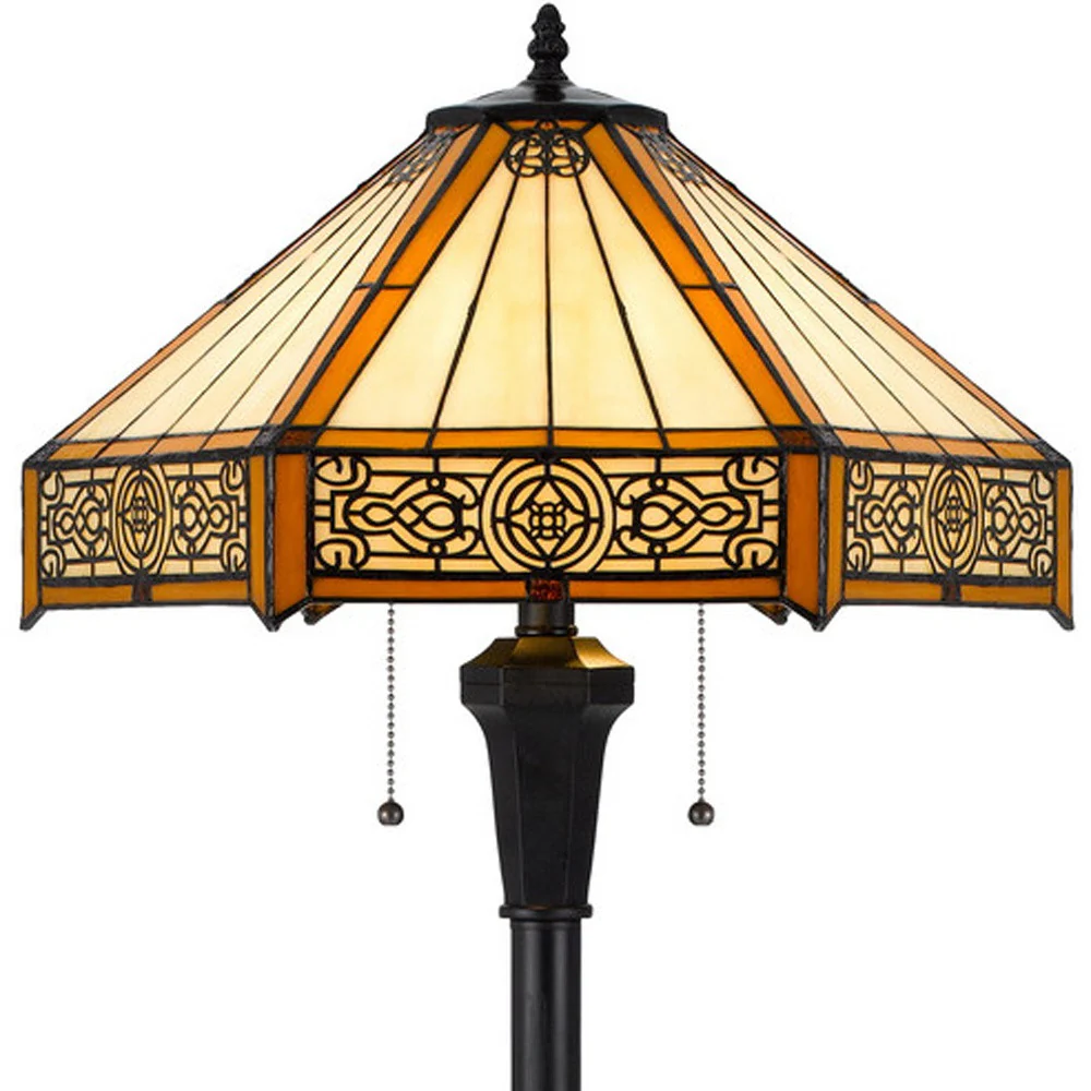 Bronze Two Light Traditional Shaped Floor Lamp With Orange and Ivory Abstract Tiffany Glass Empire Shade By Homeroots - Image 4