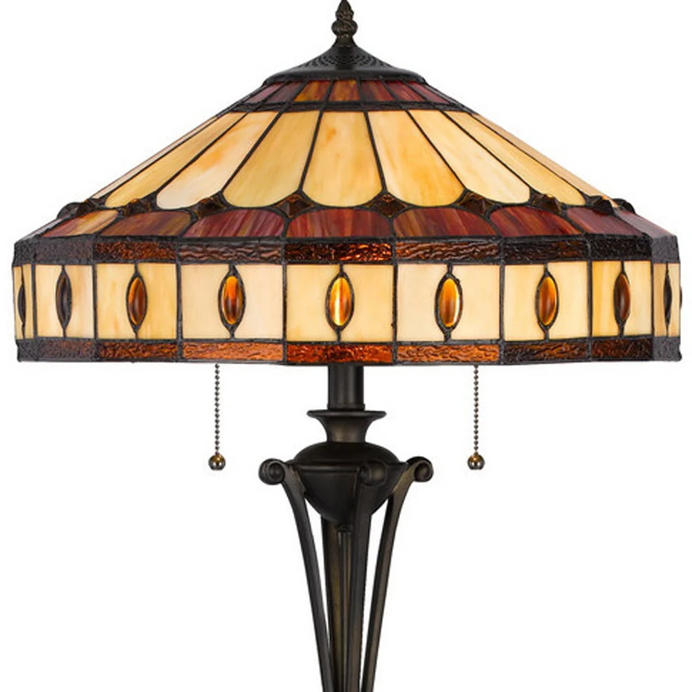 Bronze Two Light Traditional Shaped Floor Lamp With Purple and Ivory Abstract Tiffany Glass Empire Shade By Homeroots - Image 3