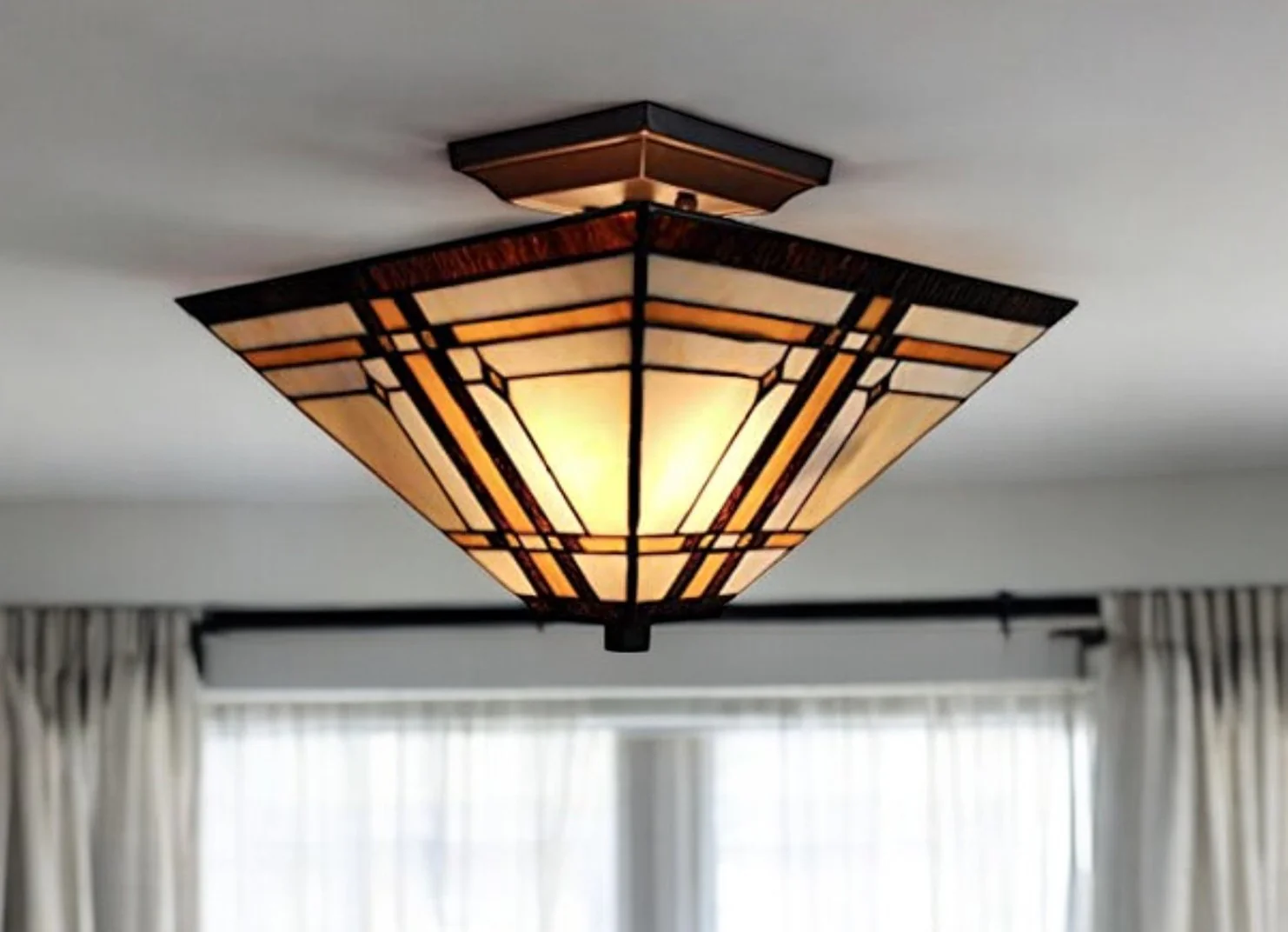 Brown and Amber Tiffany Style Mission Semi Flush Dimmable Ceiling Light By Homeroots - Image 2