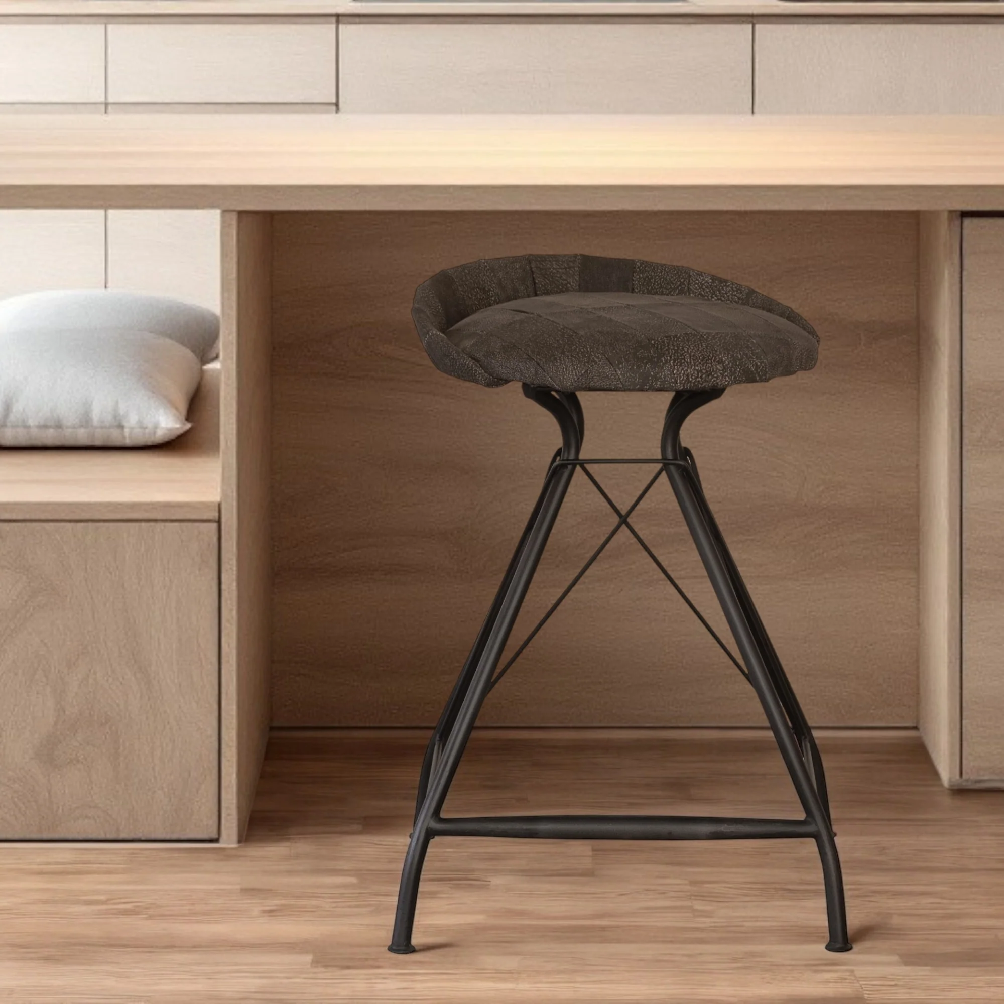 Brown and Black Leather and Iron Low Back Counter Height Swivel Bar Chair By Homeroots - Image 6