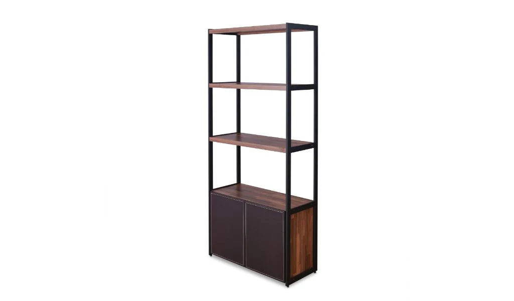 Brown And Black Metal Three Tier Bookcase with Two Doors By Homeroots - Image 2