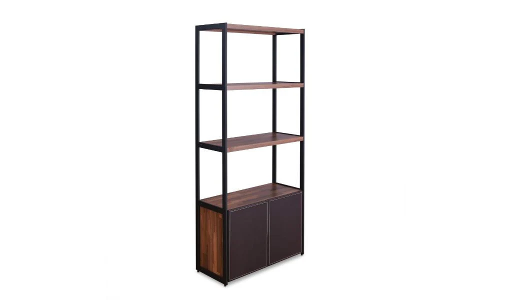 Brown And Black Metal Three Tier Bookcase with Two Doors By Homeroots - Image 6