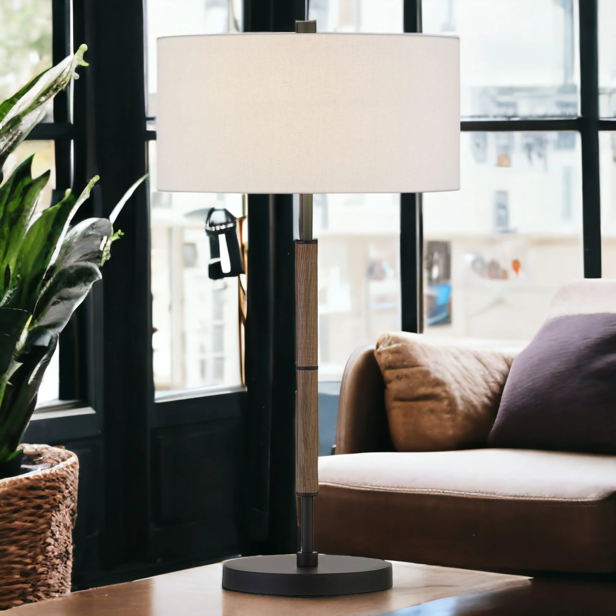 Brown and Black Metal Two Light Table Lamp With White Drum Shade By Homeroots - Image 2