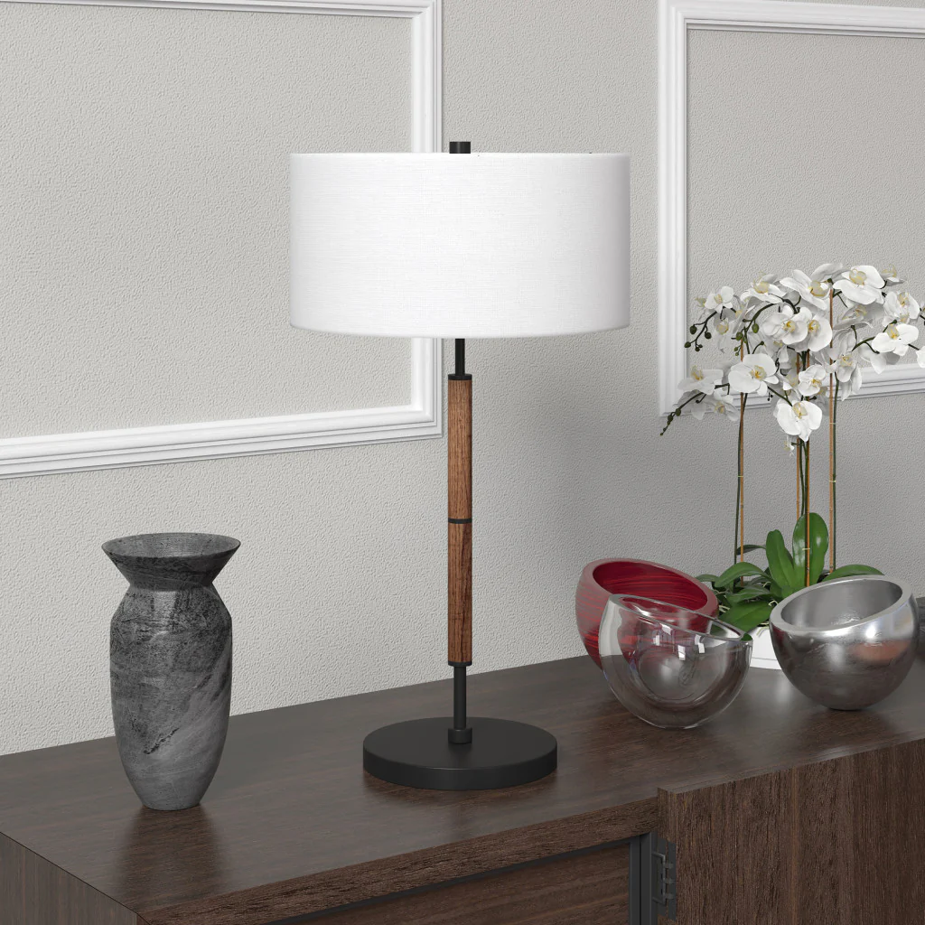 Brown and Black Metal Two Light Table Lamp With White Drum Shade By Homeroots - Image 3