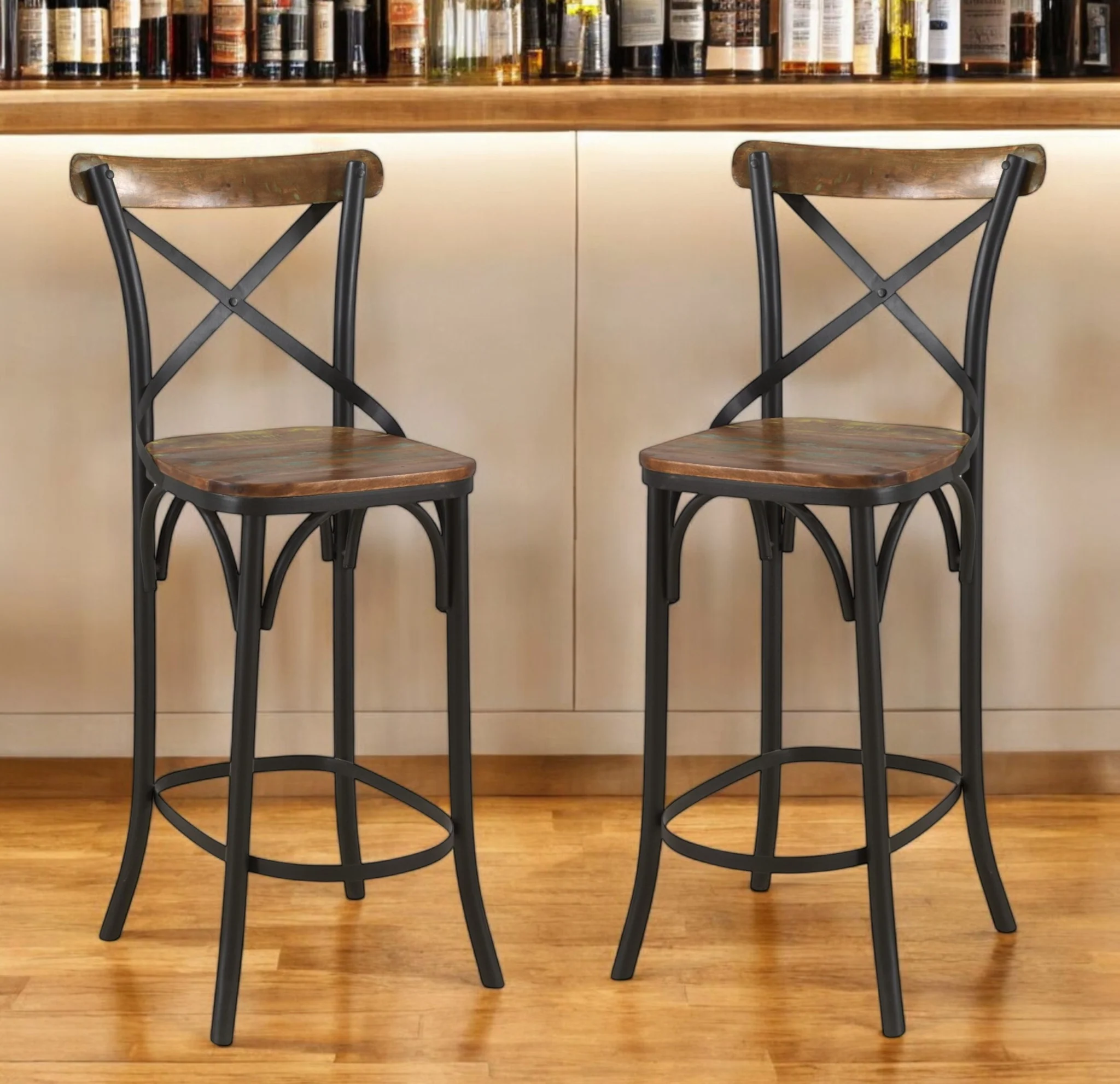 Brown and Black Solid Wood and Metal Counter Height Bar Chair By Homeroots - Image 2