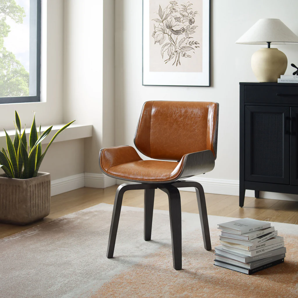 Brown And Black Upholstered Faux Leather Curved Back Dining Side Chair By Homeroots - Image 5