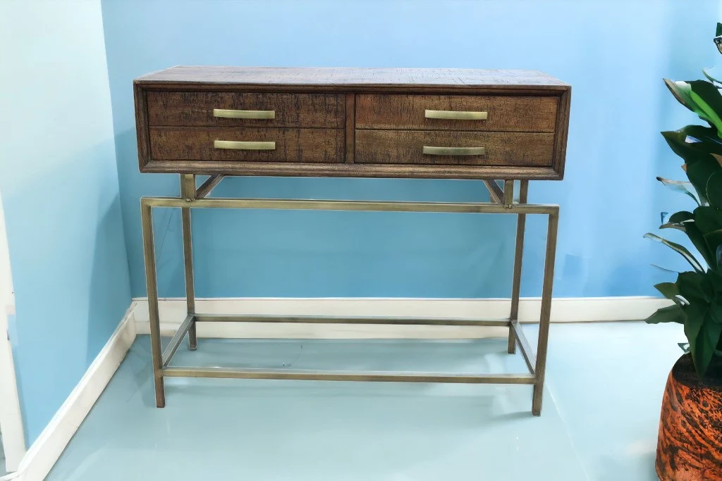 Brown and Brass Solid Wood Distressed Frame Console Table With Storage By Homeroots - Image 2