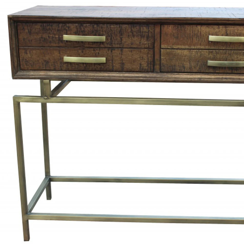 Brown and Brass Solid Wood Distressed Frame Console Table With Storage By Homeroots - Image 4