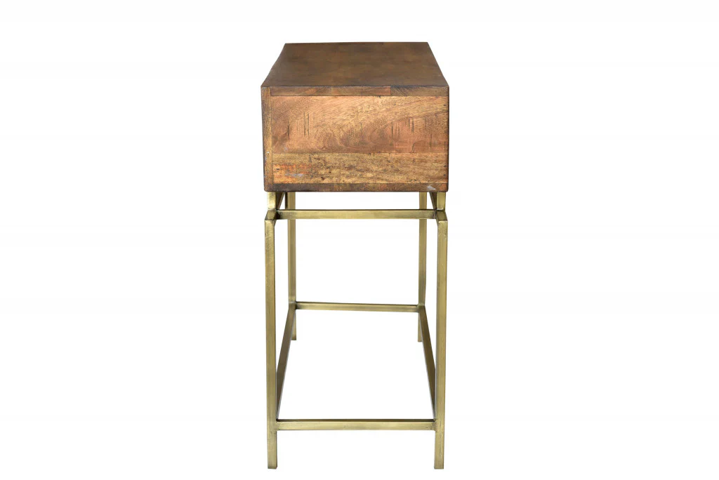 Brown and Brass Solid Wood Distressed Frame Console Table With Storage By Homeroots - Image 6