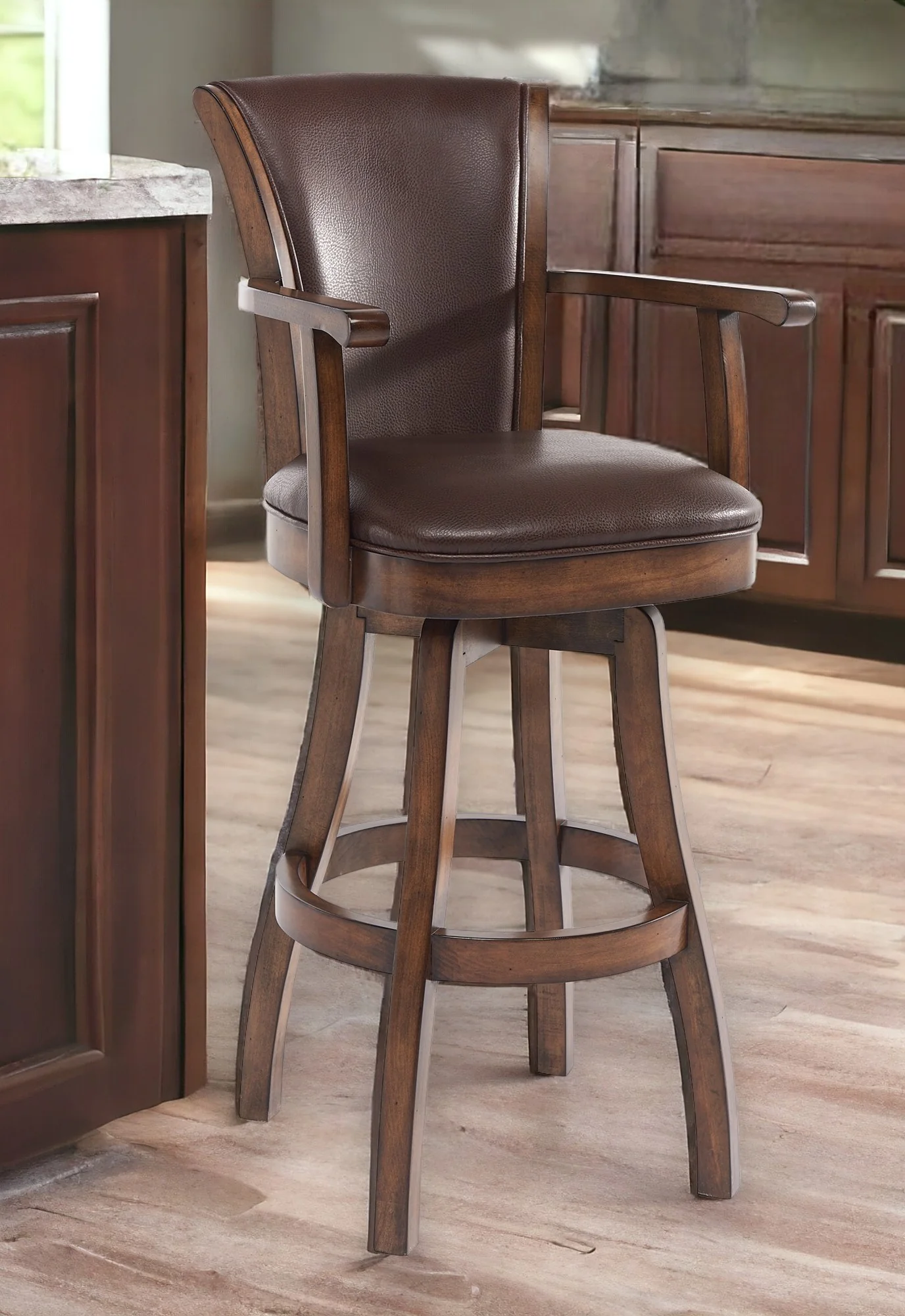 Brown And Chestnut Faux Leather And Solid Wood Swivel Counter Height Bar Chair By Homeroots - Image 2