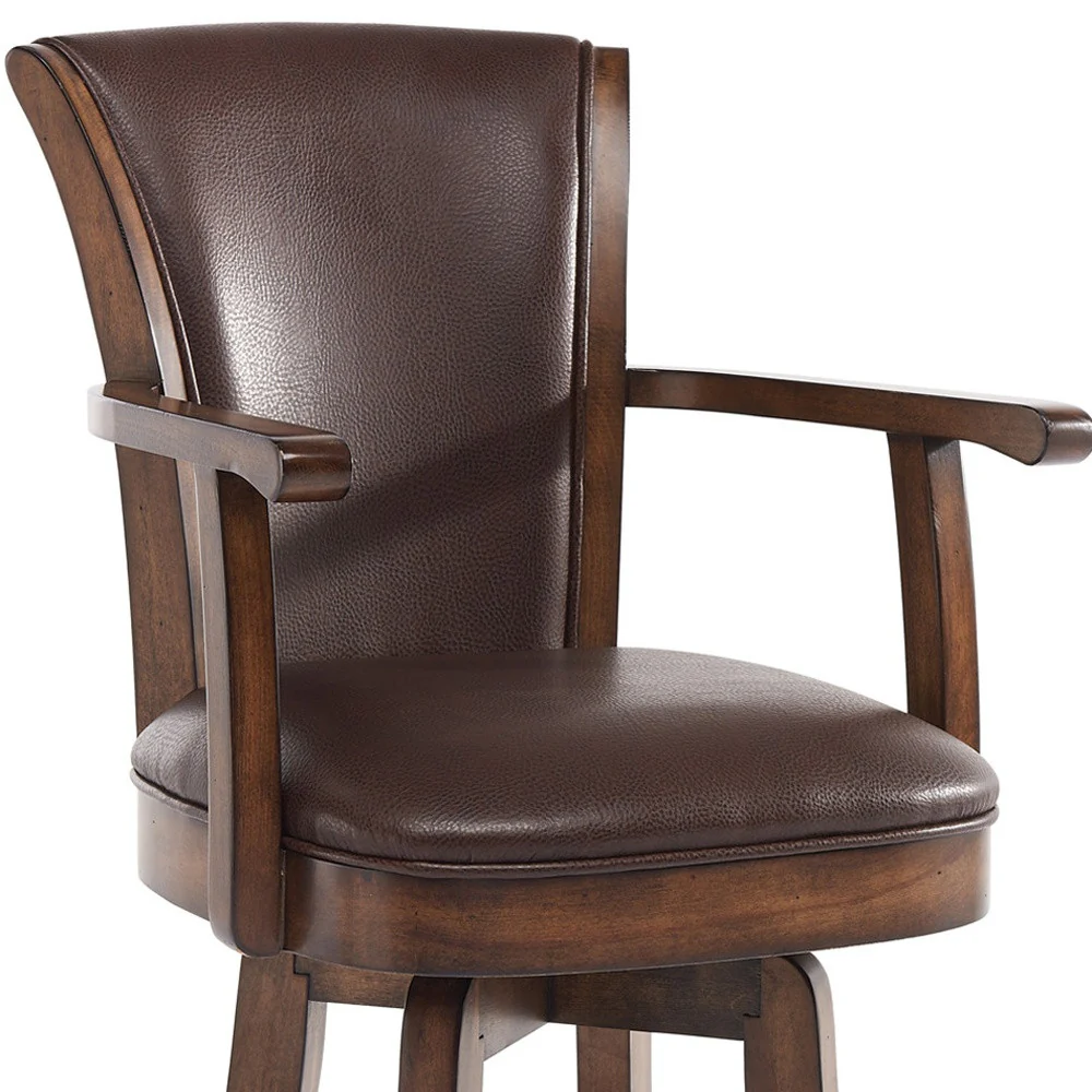 Brown And Chestnut Faux Leather And Solid Wood Swivel Counter Height Bar Chair By Homeroots - Image 7
