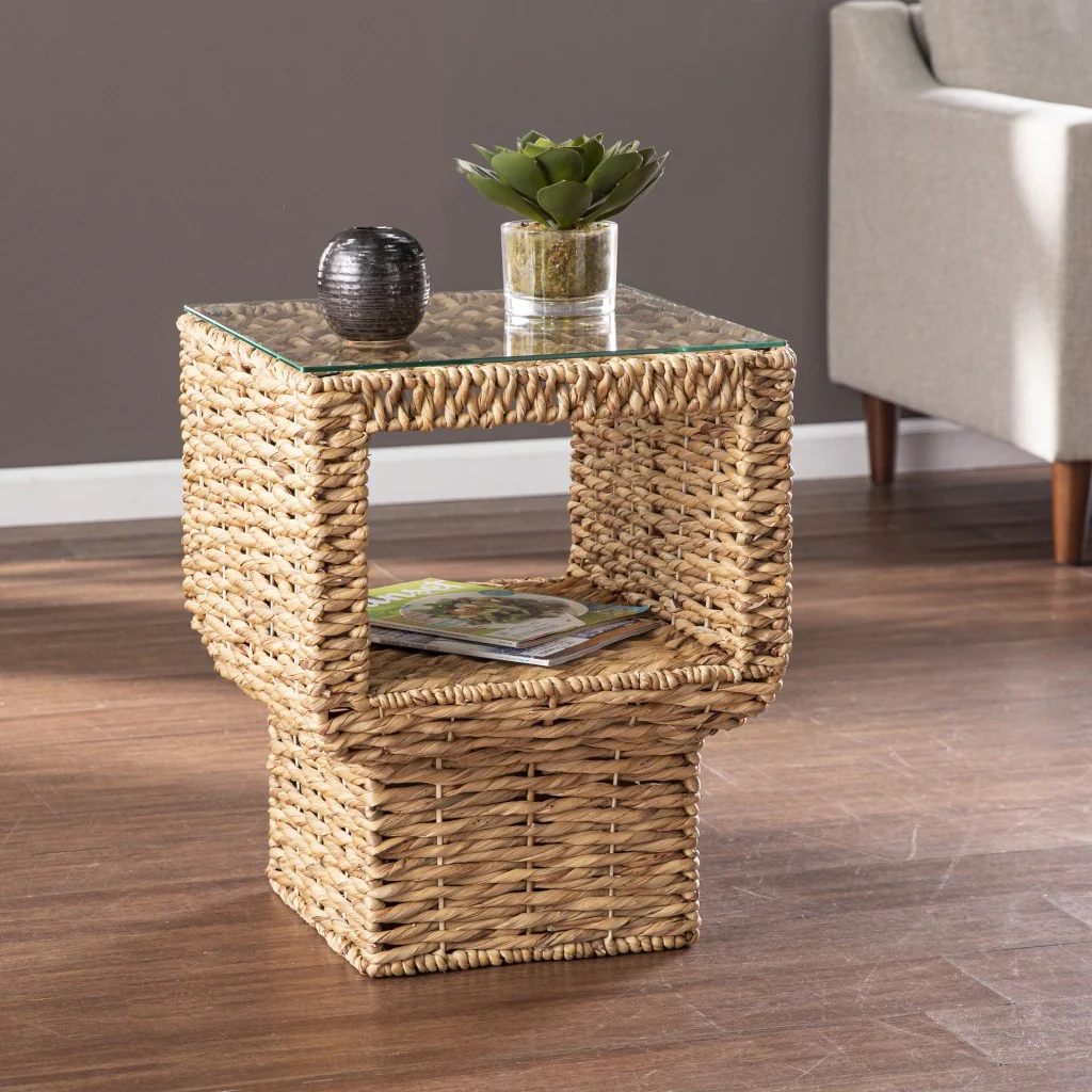 Brown And Clear Glass And Rattan Wicker Square End Table By Homeroots - Image 8