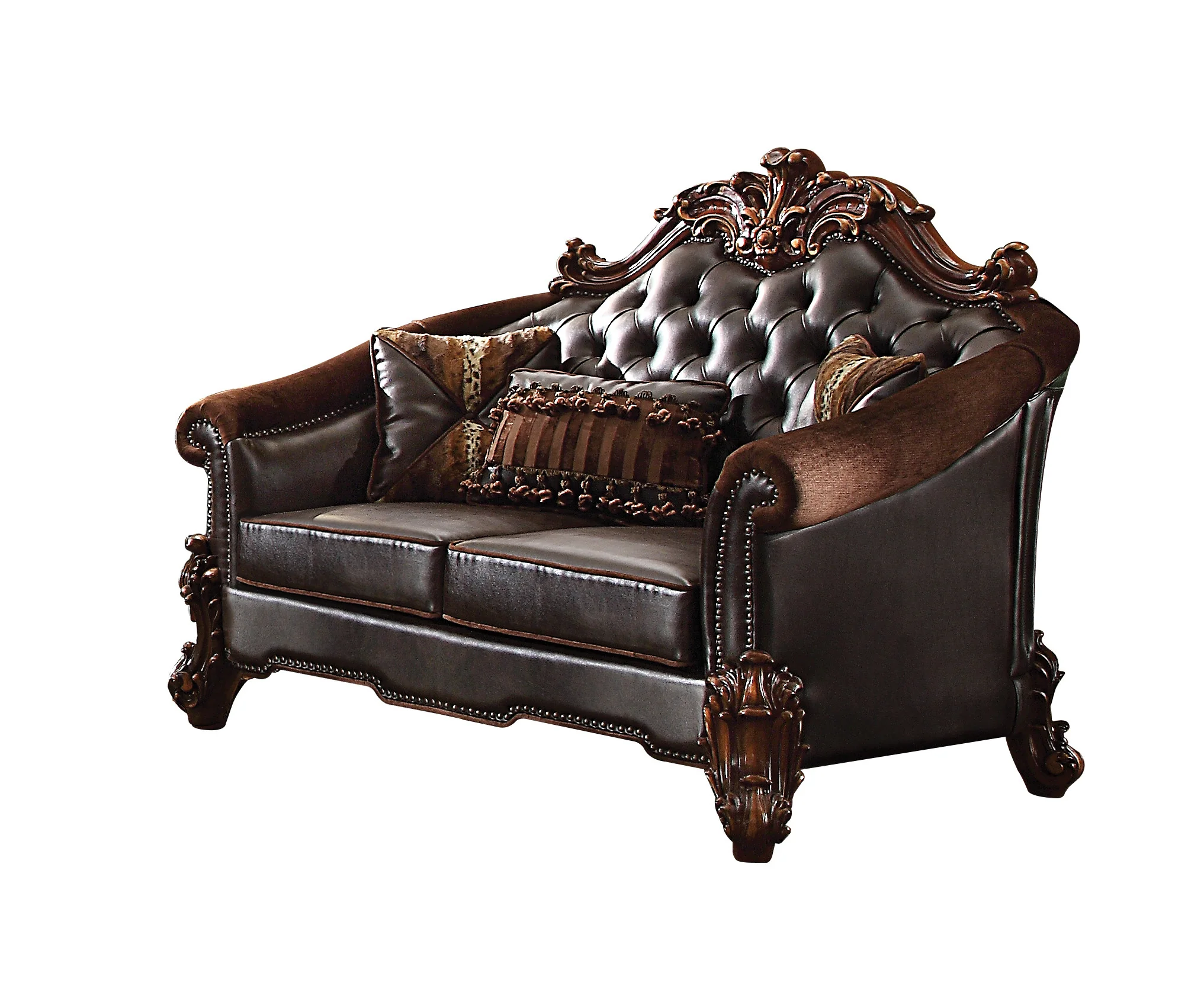 Brown And Dark Brown Chenille And Faux Leather Loveseat and Toss Pillows By Homeroots - Image 2