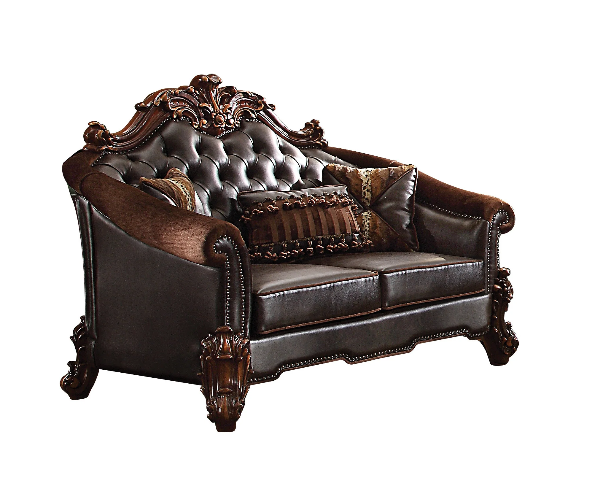 Brown And Dark Brown Chenille And Faux Leather Loveseat and Toss Pillows By Homeroots - Image 3