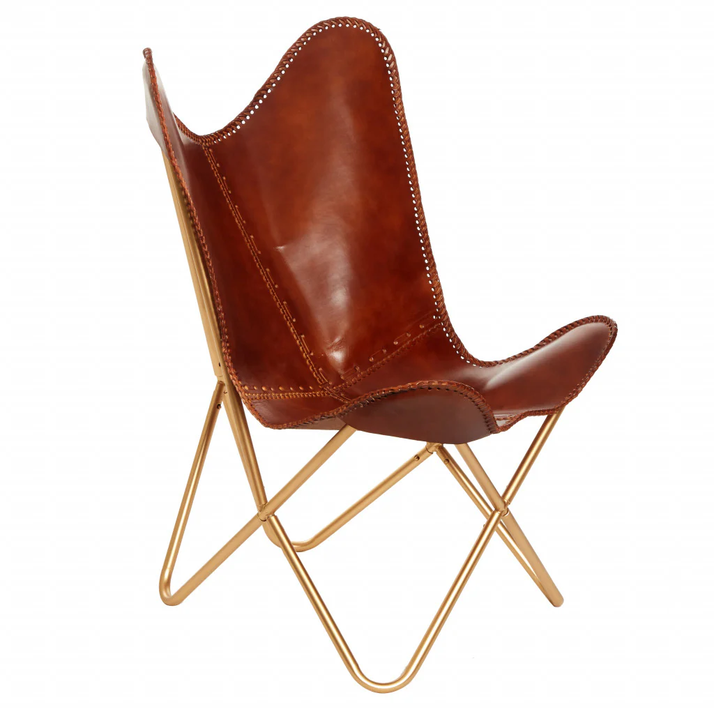 Brown and Gold Genuine Leather Butterfly Chair By Homeroots - Image 2
