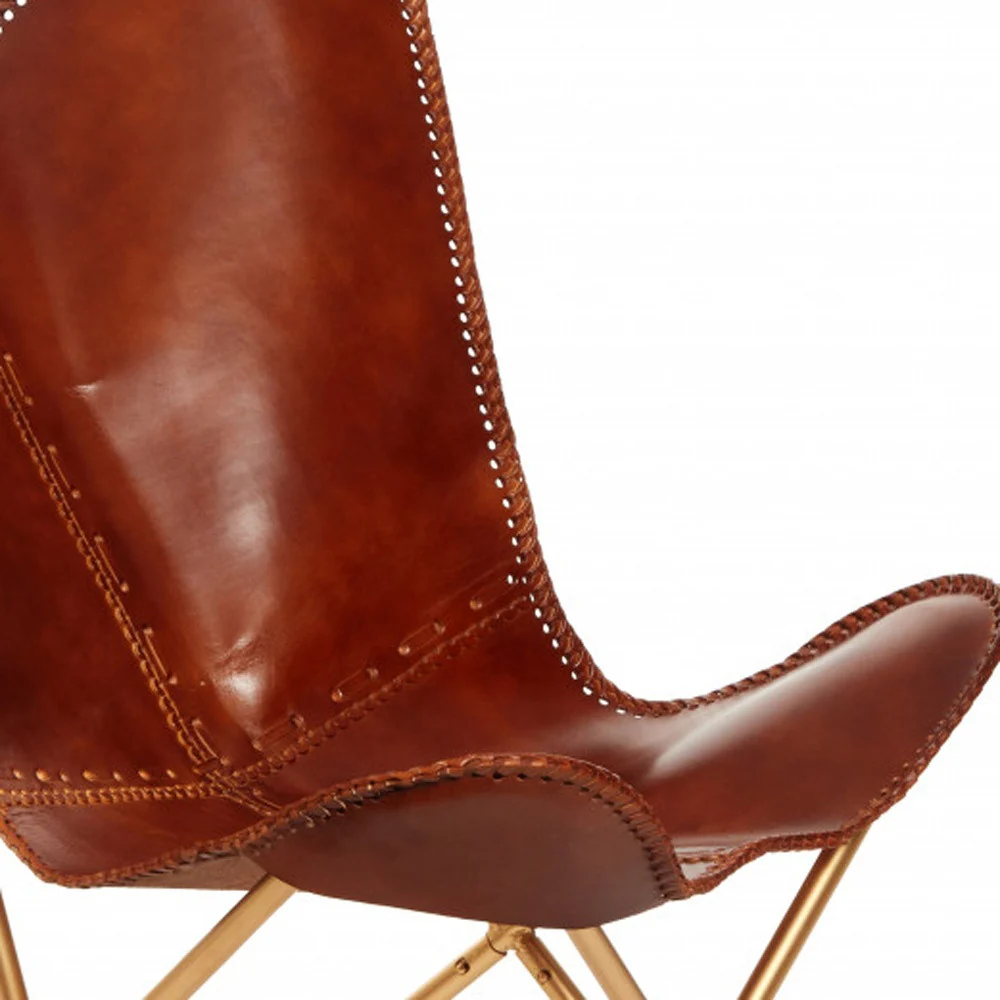 Brown and Gold Genuine Leather Butterfly Chair By Homeroots - Image 3