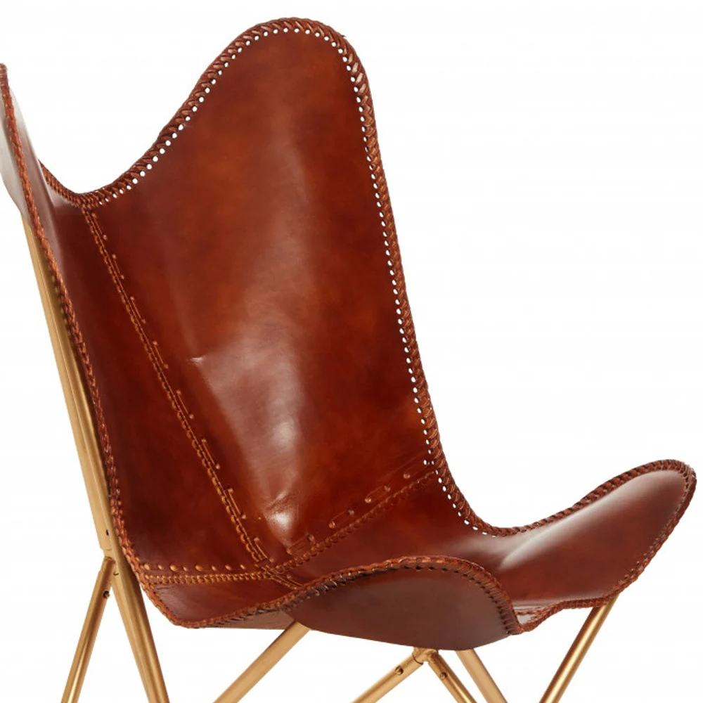 Brown and Gold Genuine Leather Butterfly Chair By Homeroots - Image 4