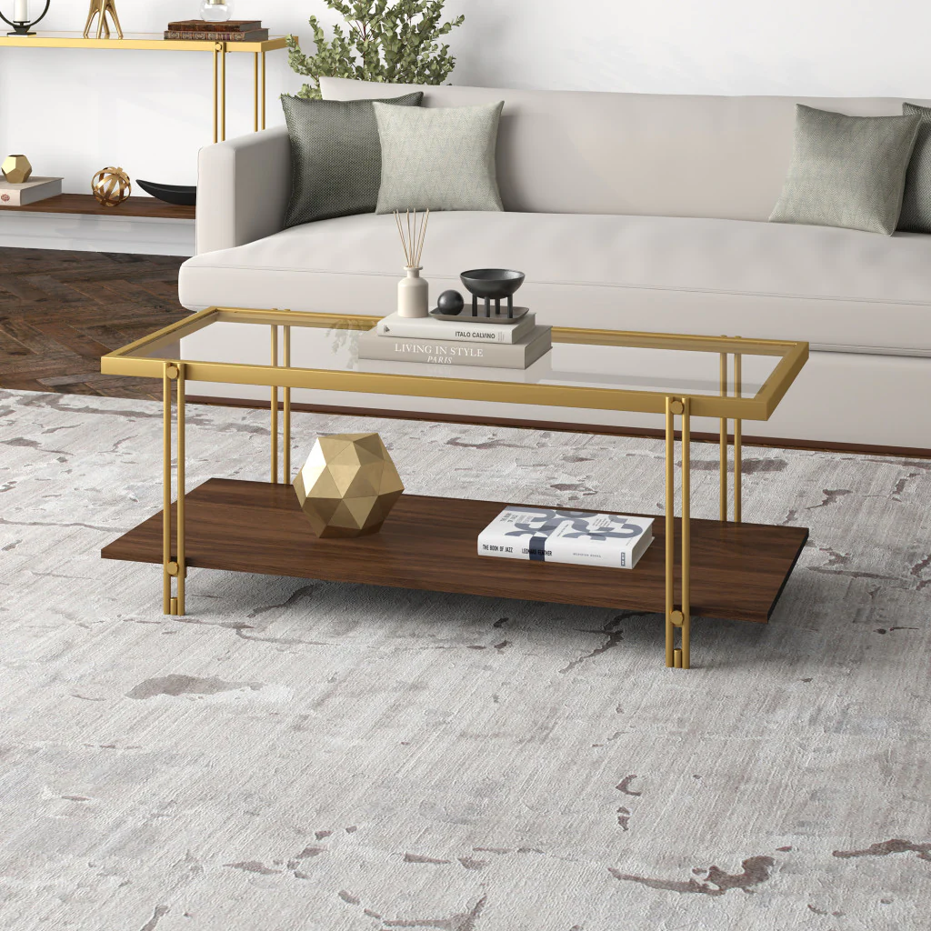 Brown And Gold Glass And Steel Coffee Table With Shelf By Homeroots - Image 5