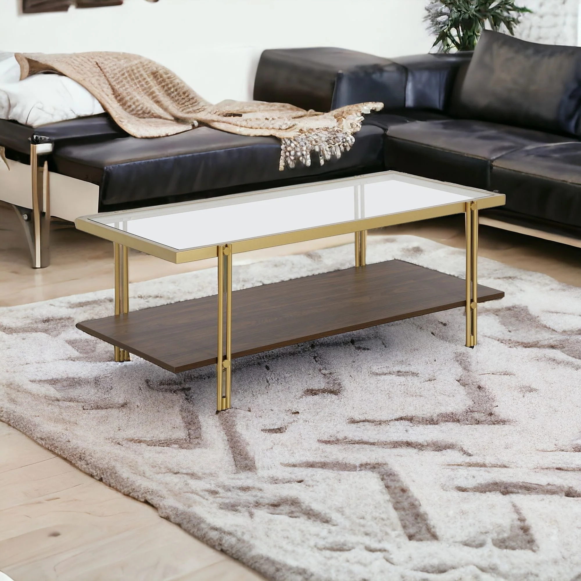 Brown And Gold Glass And Steel Coffee Table With Shelf By Homeroots - Image 6