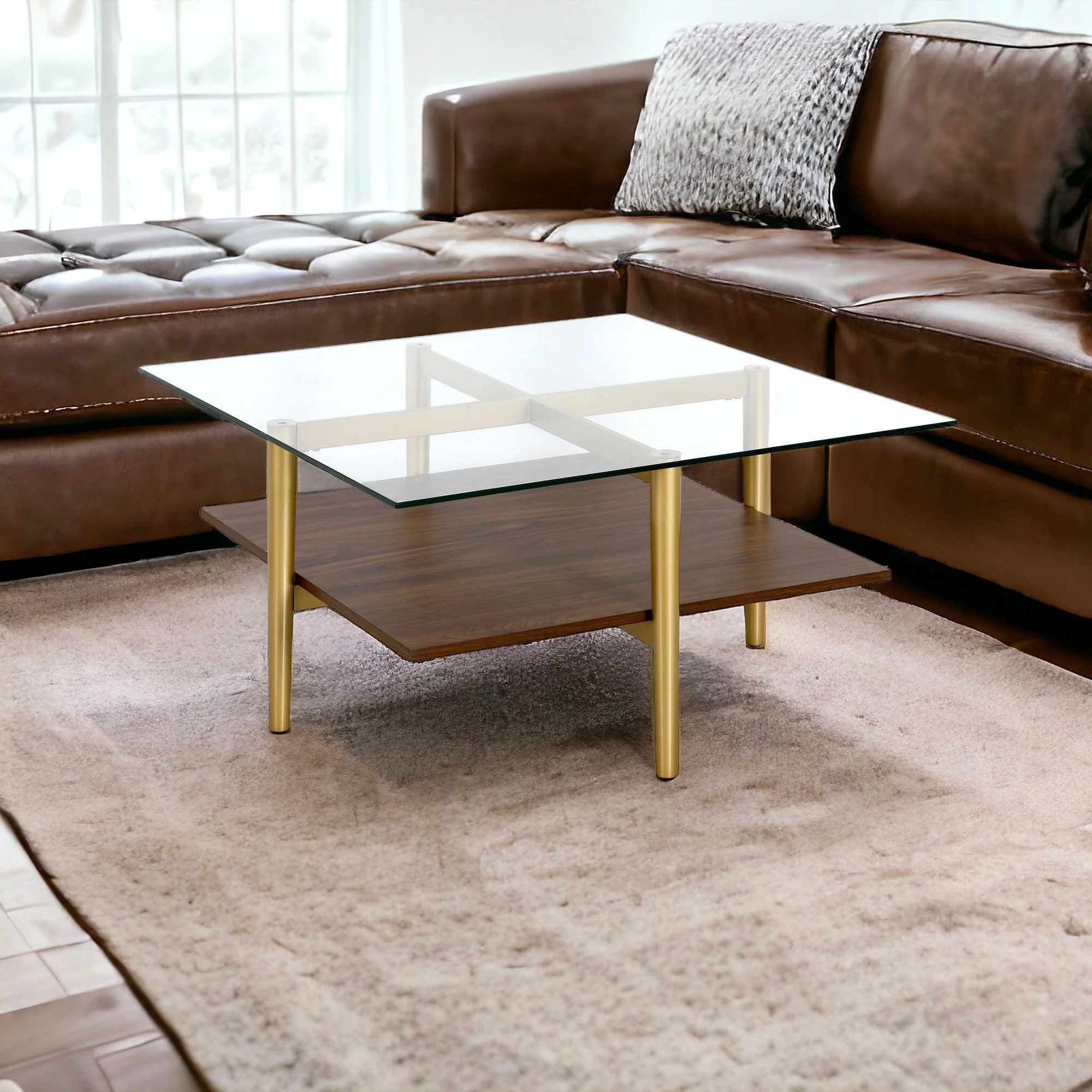 Brown And Gold Glass And Steel Square Coffee Table With Shelf By Homeroots - Image 2