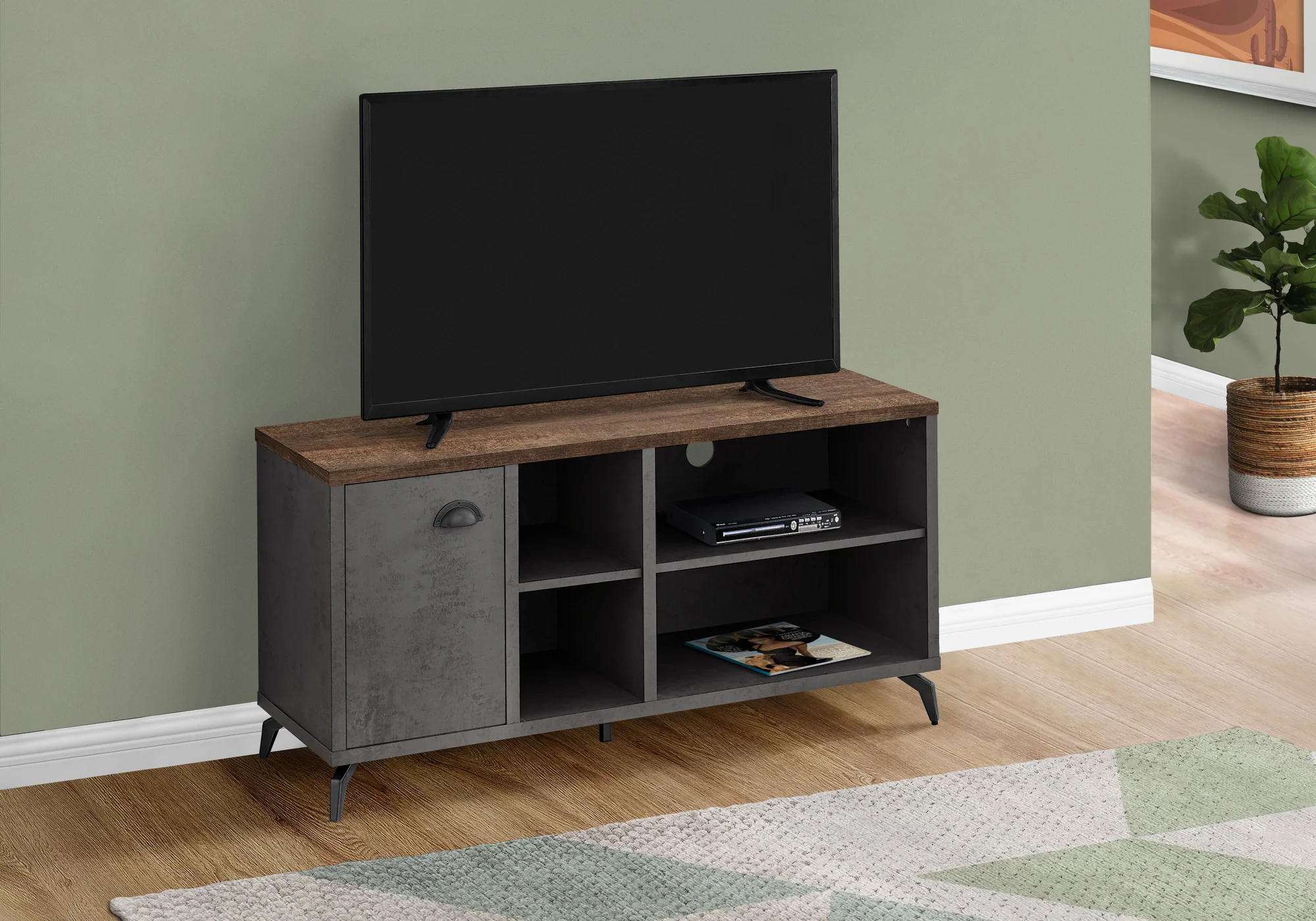 Brown And Gray Distressed Reclaimed Wood Enclosed and Open Storage TV Stand By Homeroots - Image 3