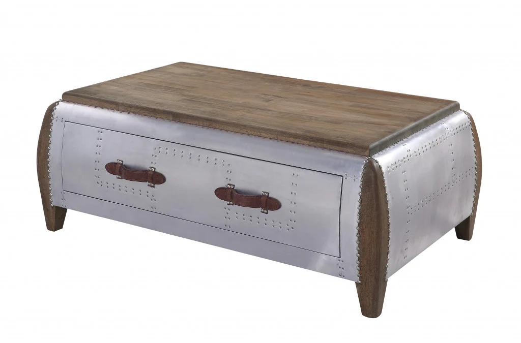 Brown and Gray Solid Wood And Aluminum Solid Coffee Table With Drawer By Homeroots - Image 2