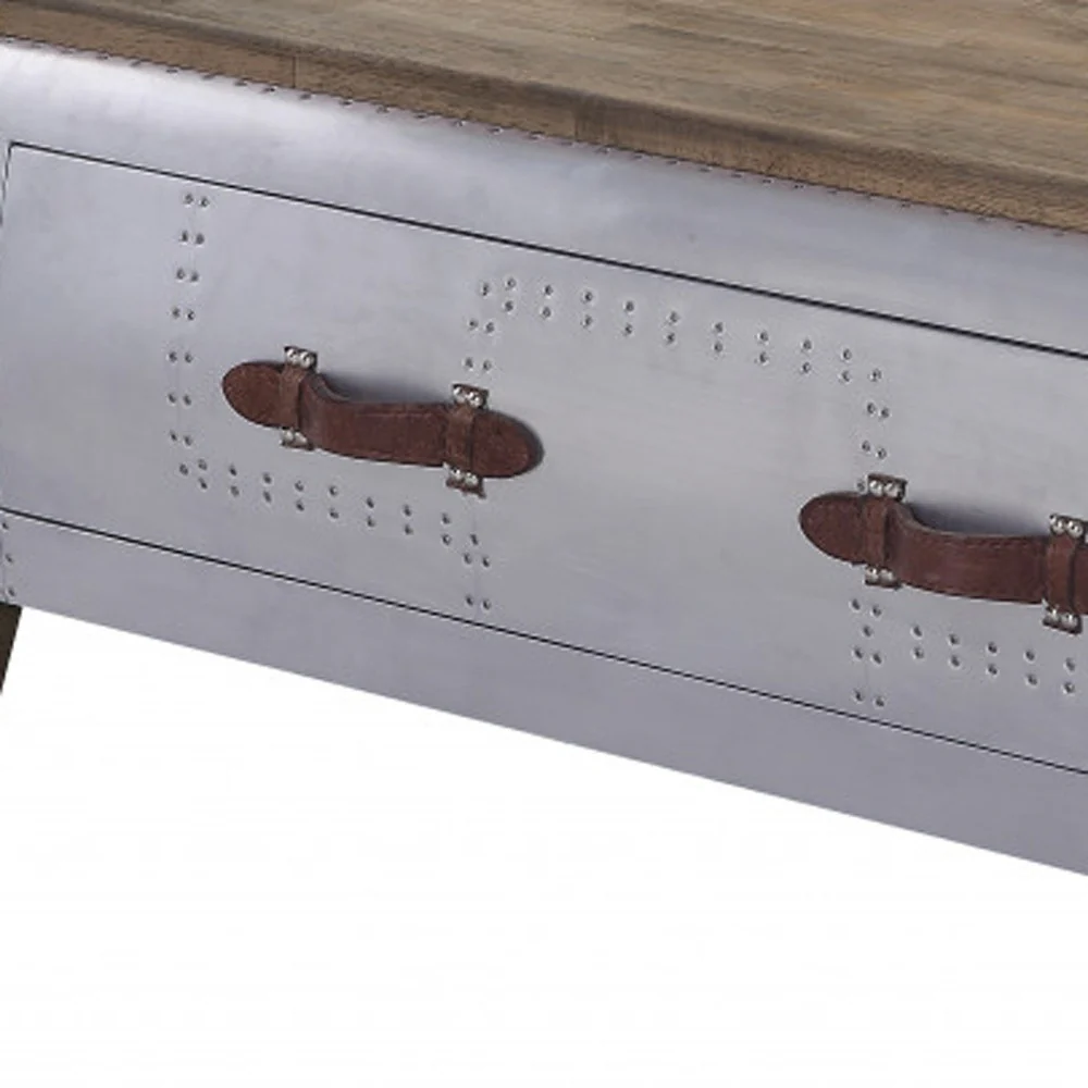 Brown and Gray Solid Wood And Aluminum Solid Coffee Table With Drawer By Homeroots - Image 3