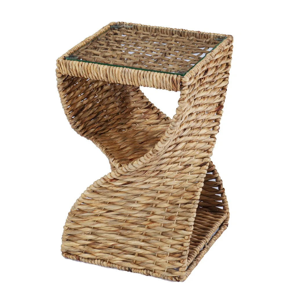 Brown And Natural Rattan Swirl Glass Top Square End Table By Homeroots - Image 4