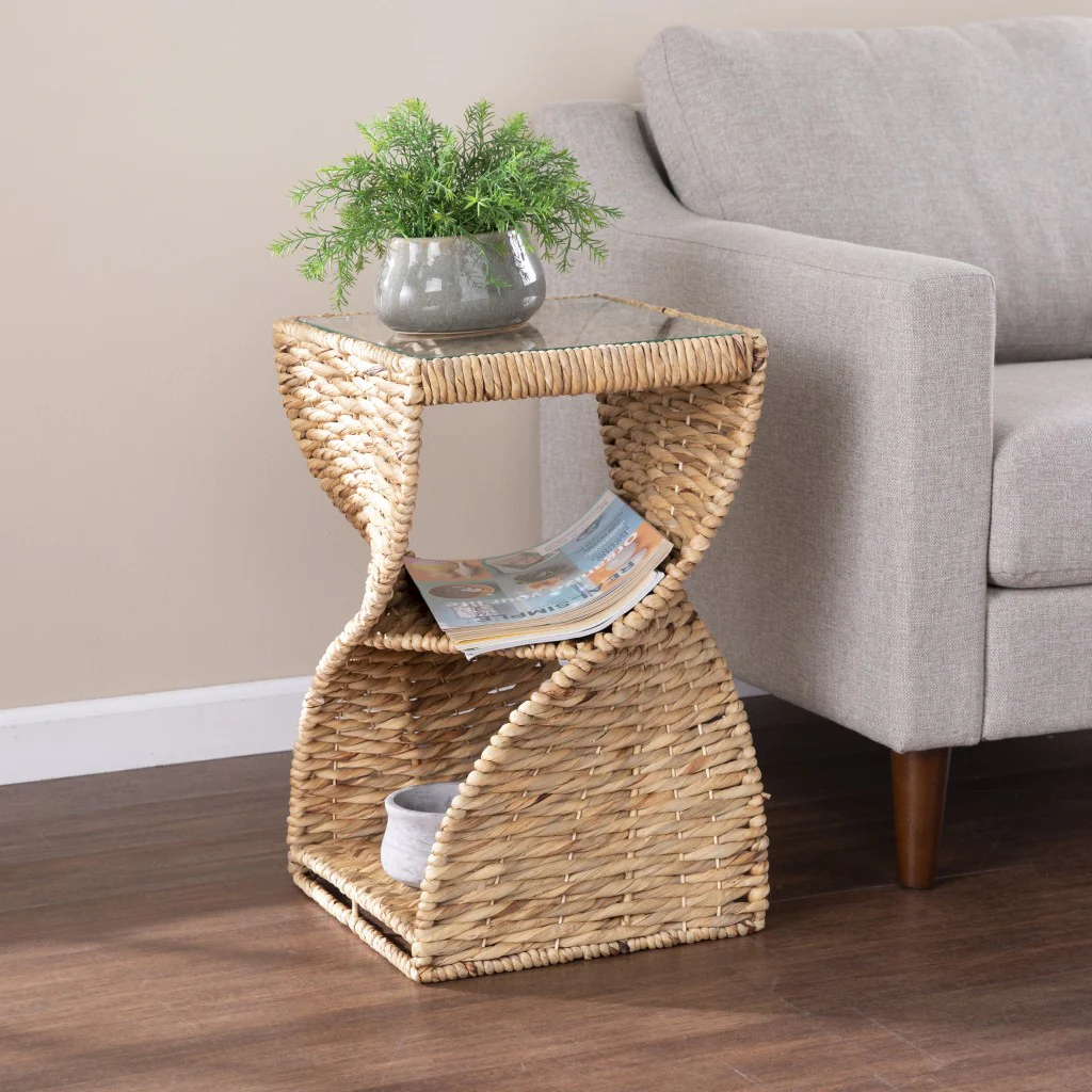 Brown And Natural Rattan Swirl Glass Top Square End Table By Homeroots - Image 7
