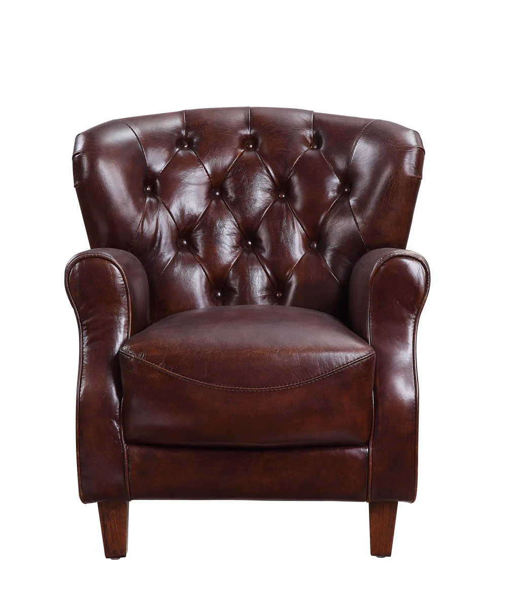 Brown and Steel Blue Top Grain Leather Tufted Club Chair By Homeroots - Image 2