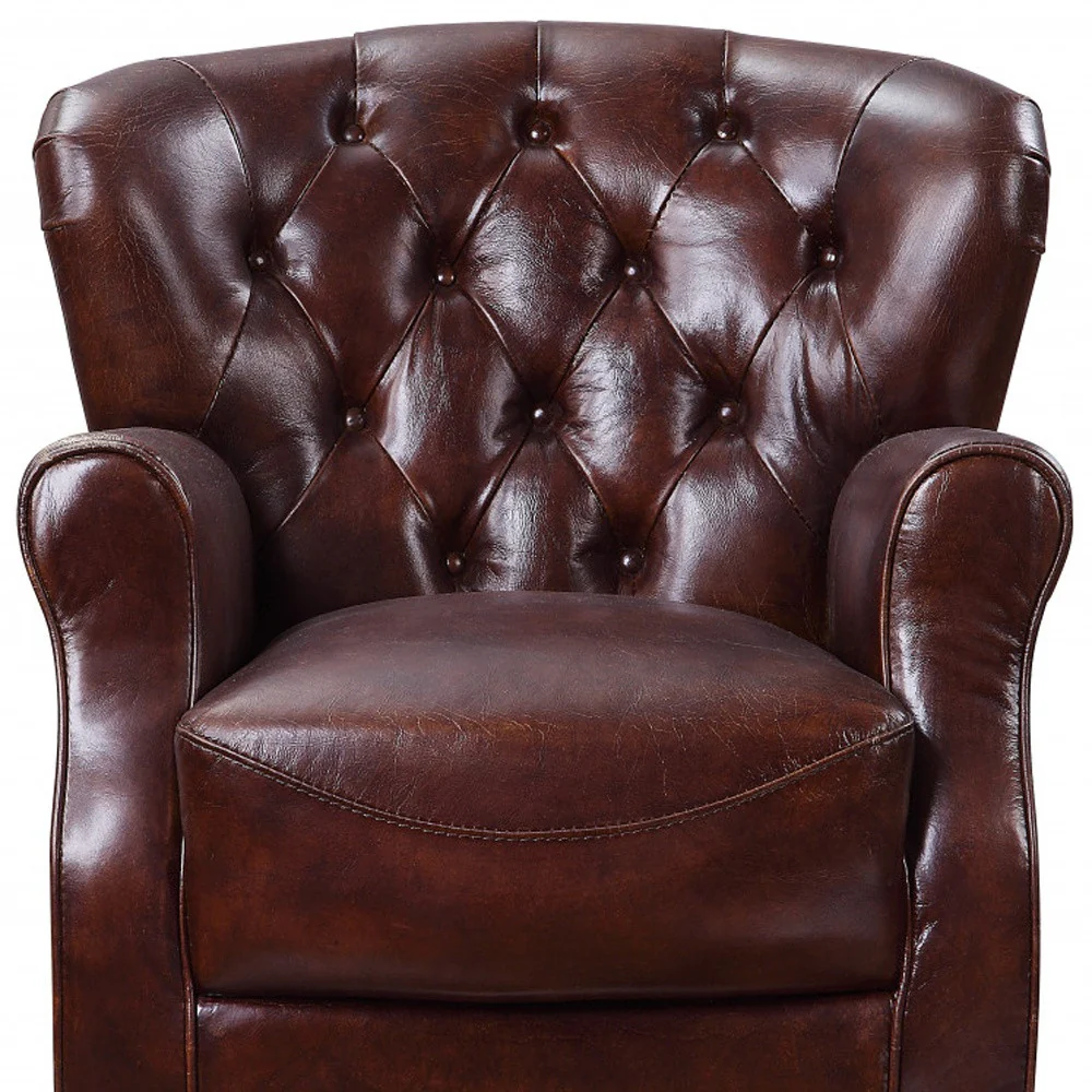 Brown and Steel Blue Top Grain Leather Tufted Club Chair By Homeroots - Image 3