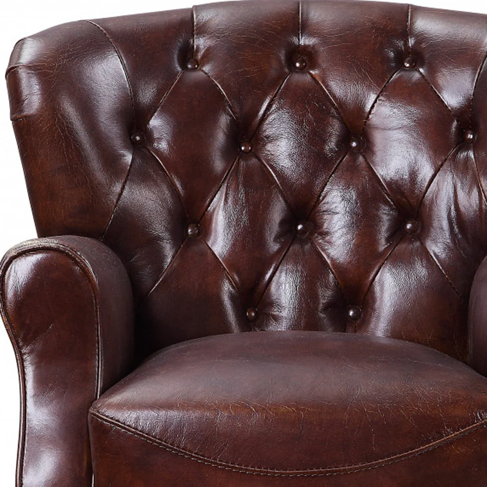 Brown and Steel Blue Top Grain Leather Tufted Club Chair By Homeroots - Image 4