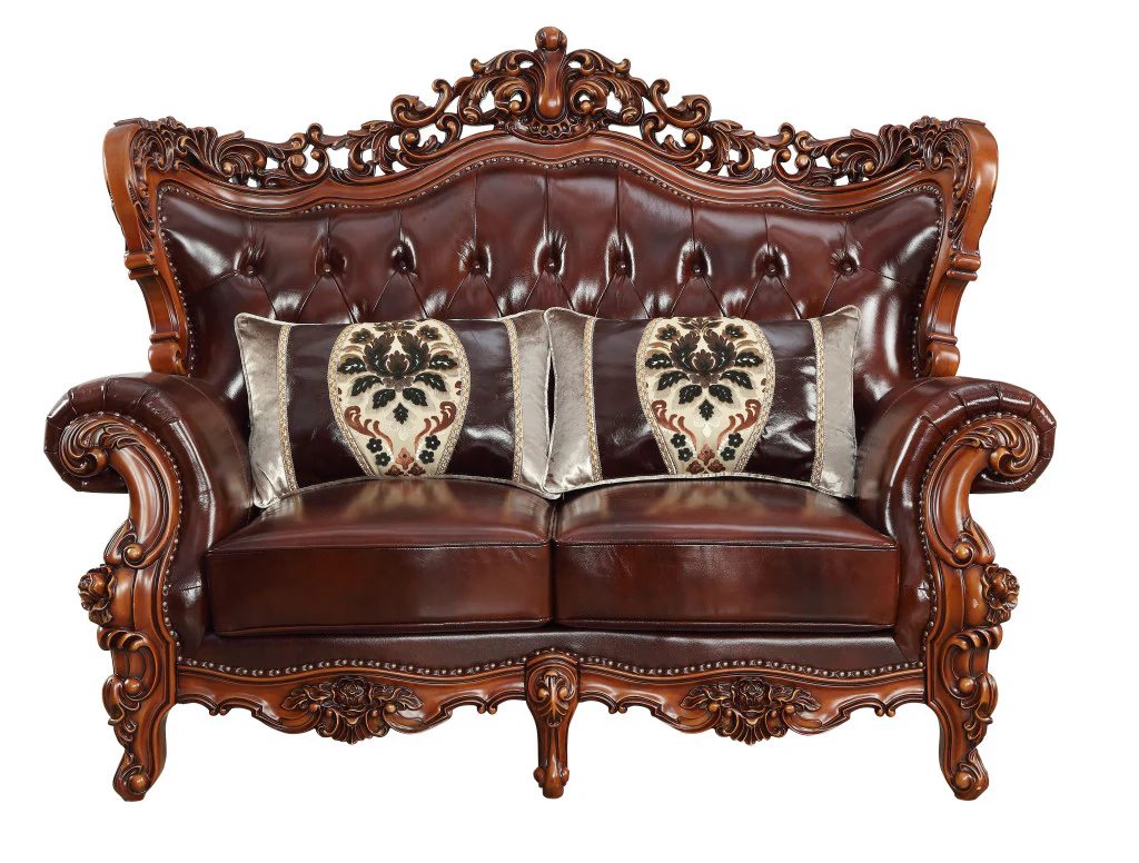 Brown And Walnut Top Grain Leather Curved Loveseat and Toss Pillows By Homeroots - Image 2