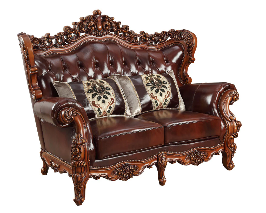 Brown And Walnut Top Grain Leather Curved Loveseat and Toss Pillows By Homeroots - Image 3