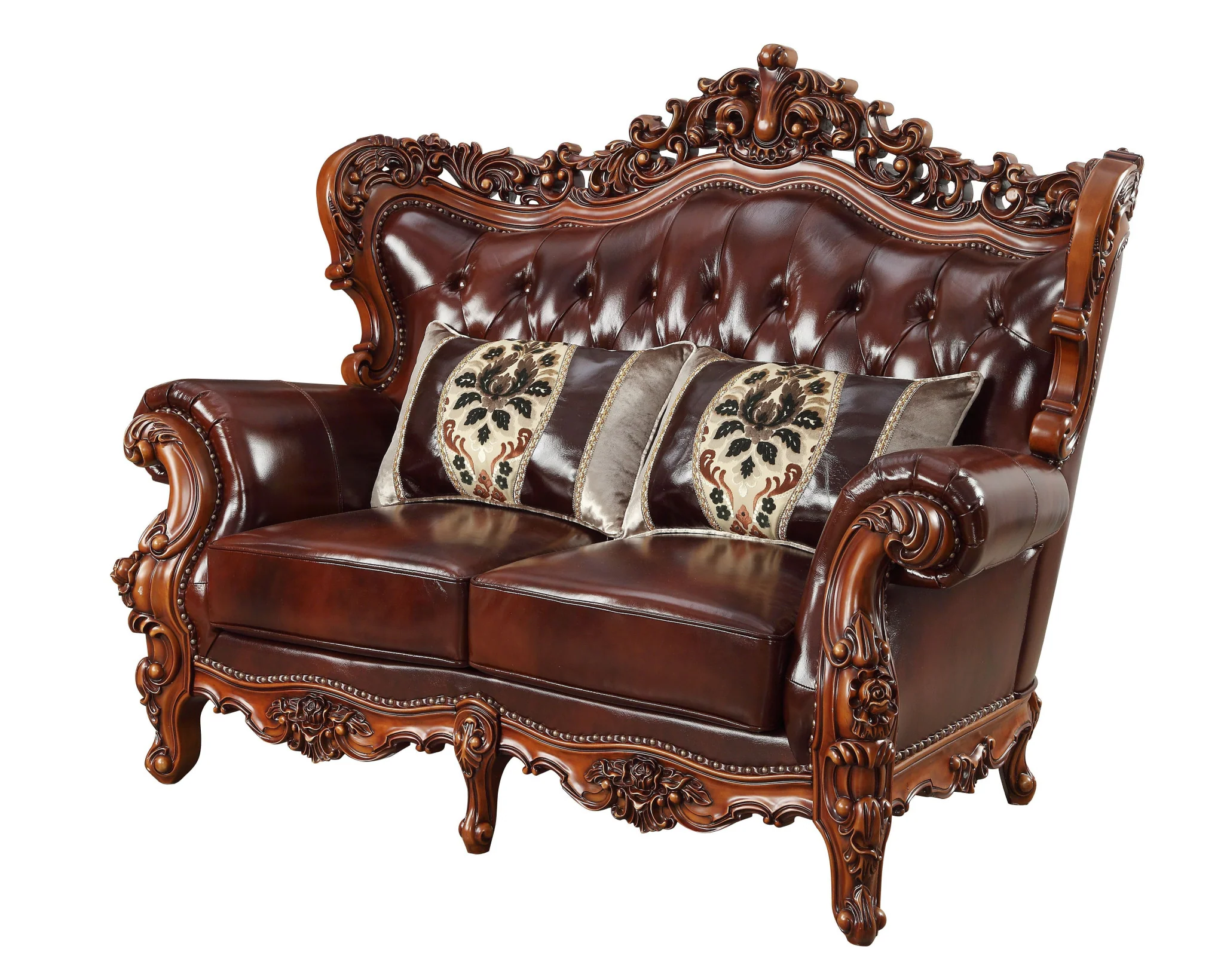 Brown And Walnut Top Grain Leather Curved Loveseat and Toss Pillows By Homeroots - Image 5