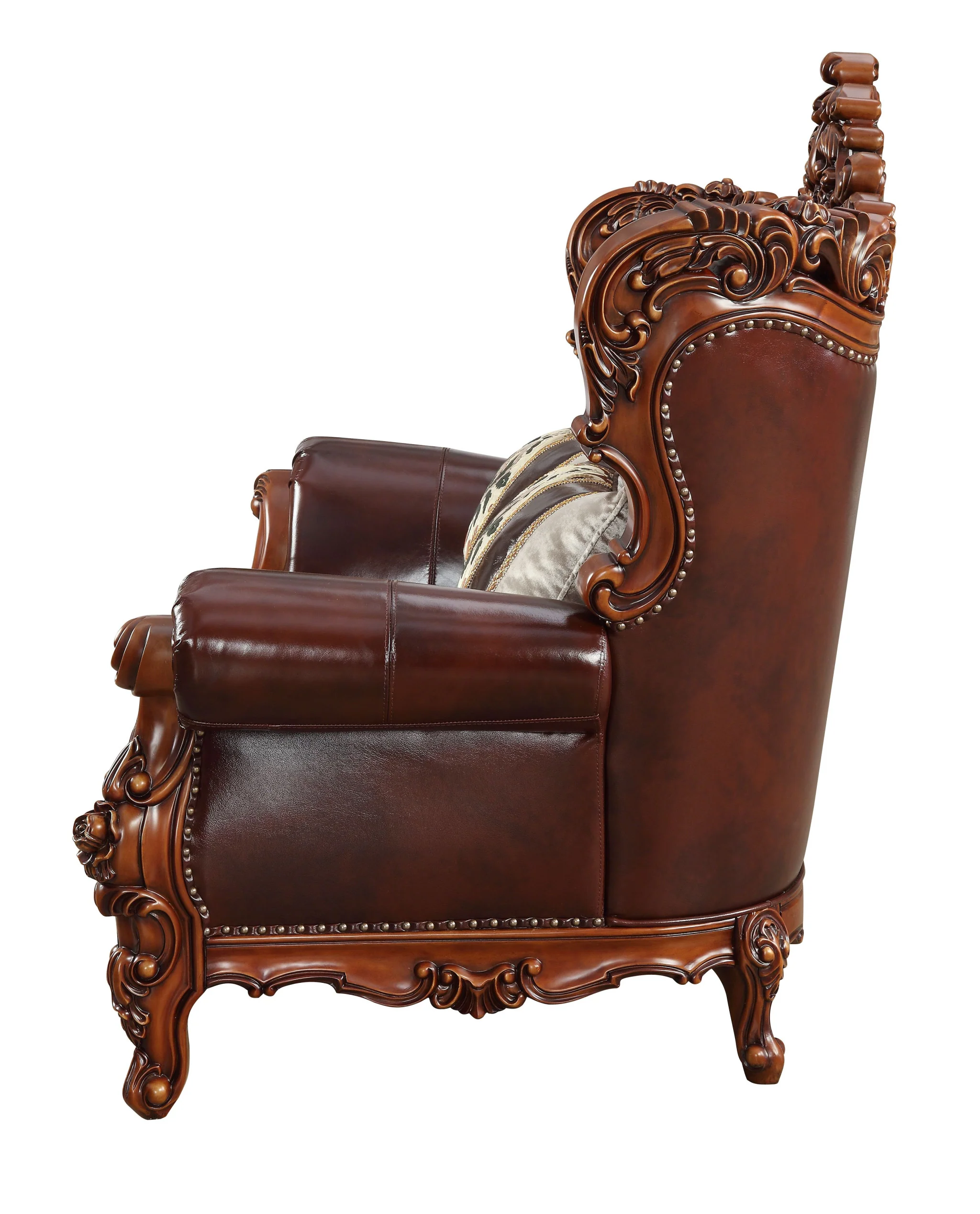 Brown And Walnut Top Grain Leather Curved Loveseat and Toss Pillows By Homeroots - Image 7