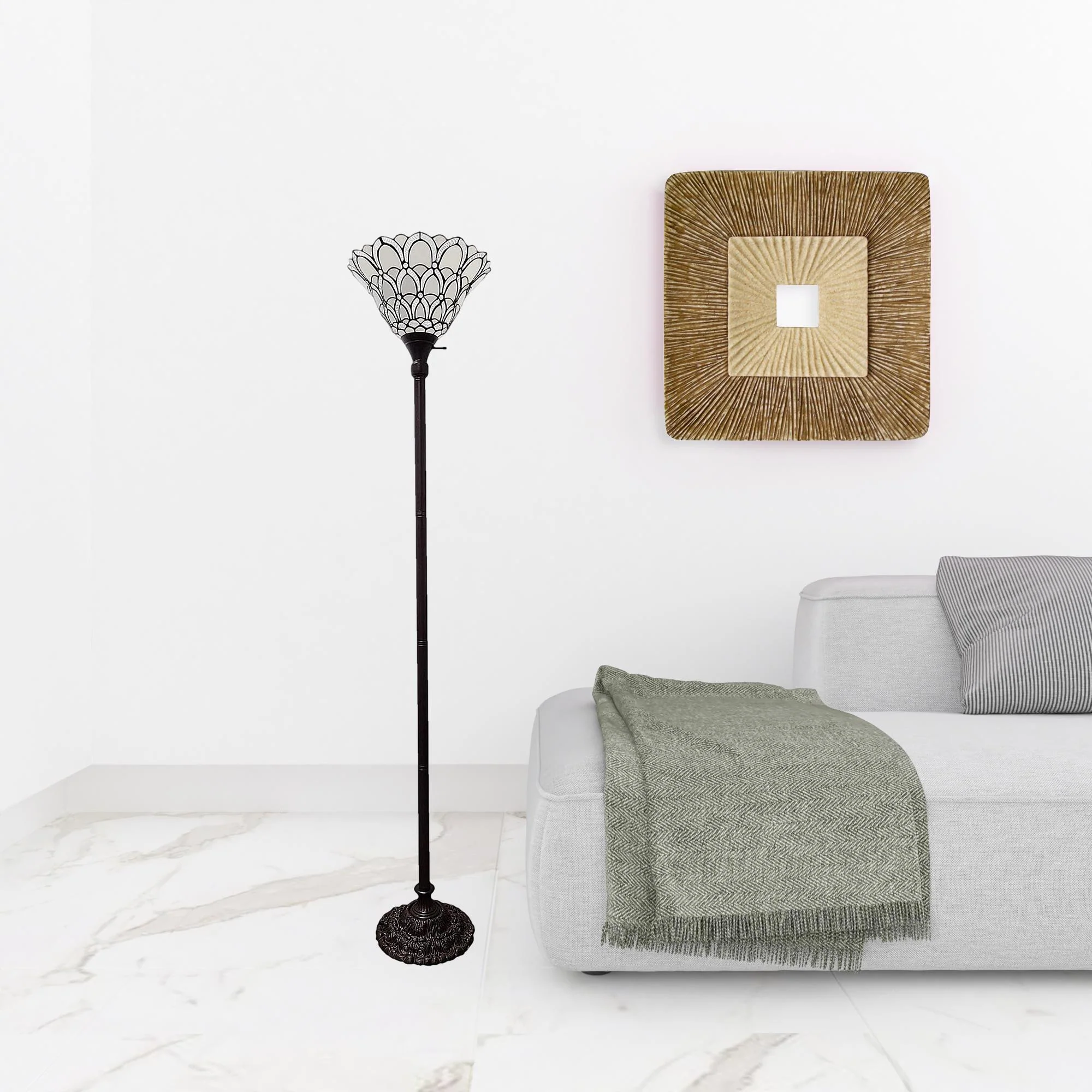 Brown And White Floor Lamp With White Peacock Feather Glass Bell Shade By Homeroots - Image 2