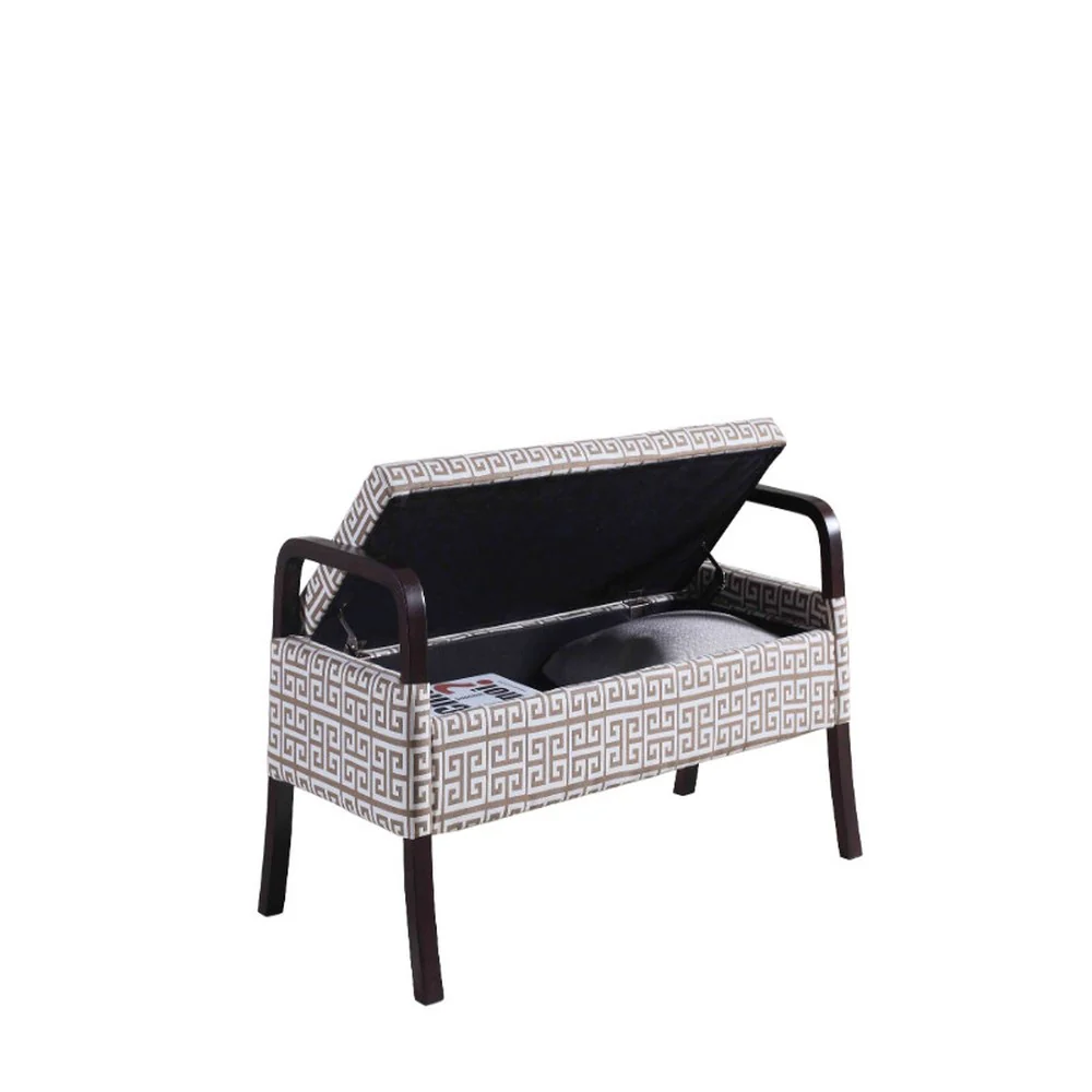 Brown and White Greek Key Wooden Storage Bench with Handles By Homeroots - Image 2