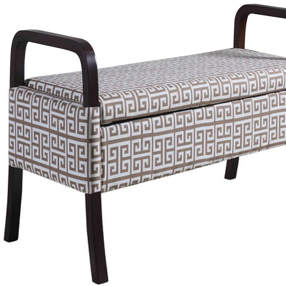 Brown and White Greek Key Wooden Storage Bench with Handles By Homeroots - Image 4