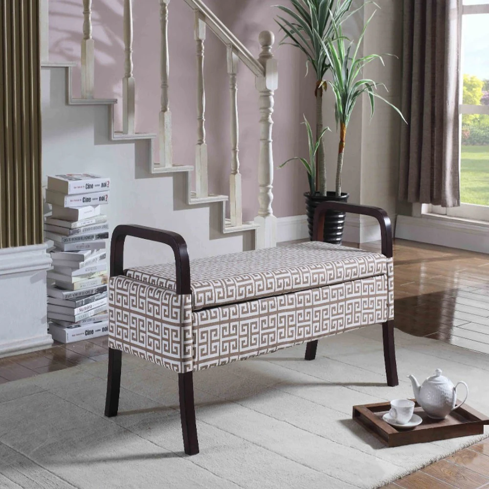 Brown and White Greek Key Wooden Storage Bench with Handles By Homeroots - Image 6